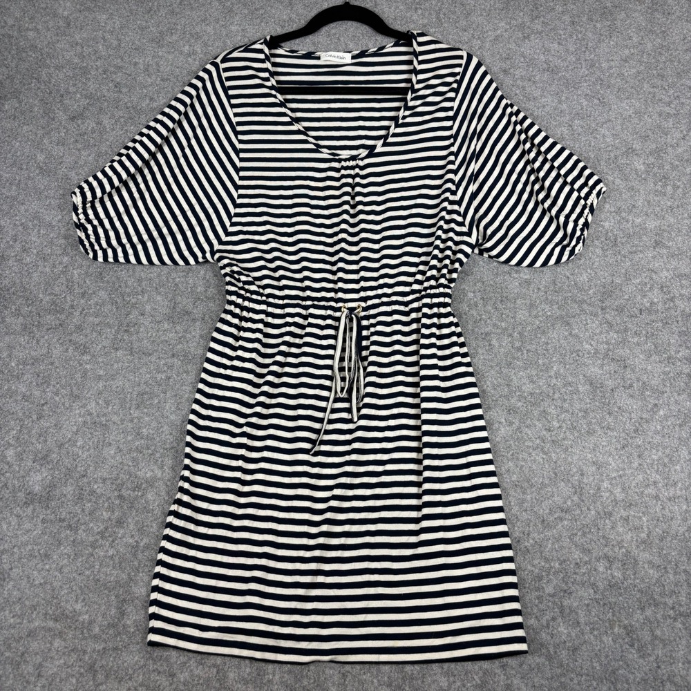 Calvin Klein Striped Dress Womens Medium Navy Blue V-Neck Drawstring Mini